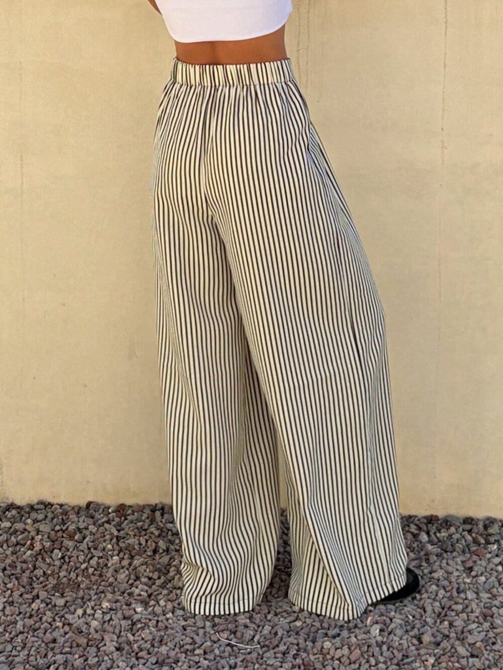 Black Casual Women's Striped Wide Leg Pants - Picture 2 of 9